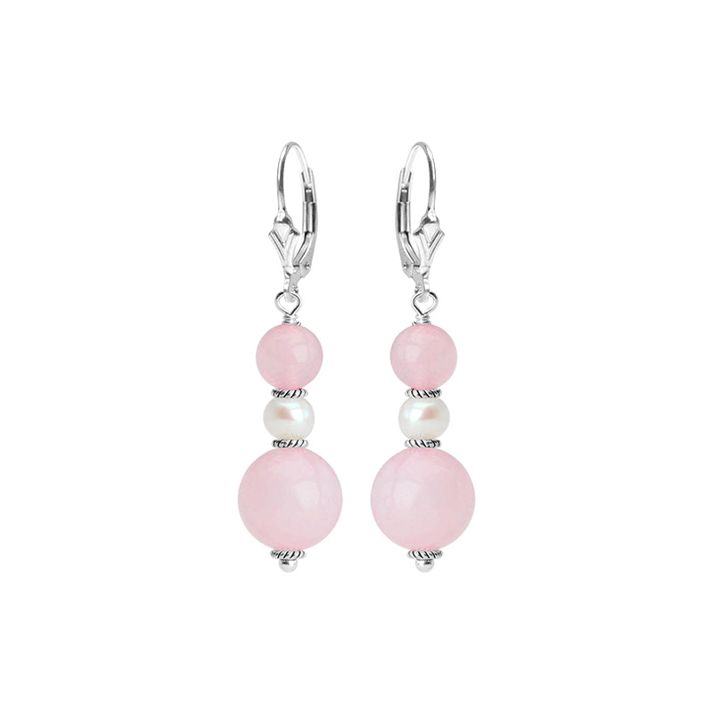 Graceful Rose Quartz and Fresh Water Pearl Sterling Silver Earrings
