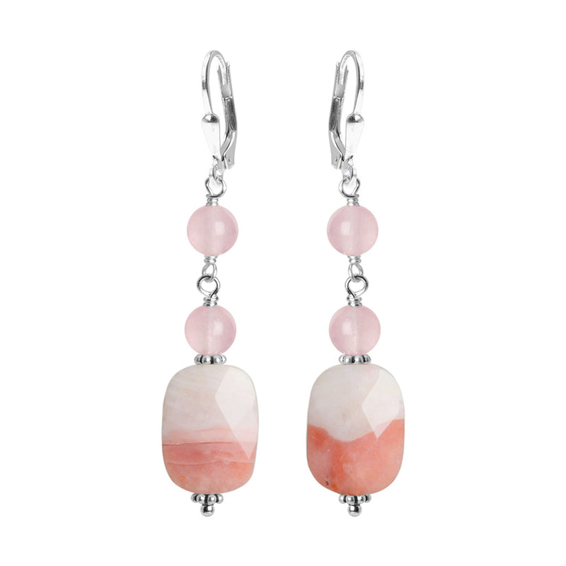 Gorgeous Ballet Slipper Pink Rose Quartz and Pink Agate Sterling Silver Lever Back Earrings