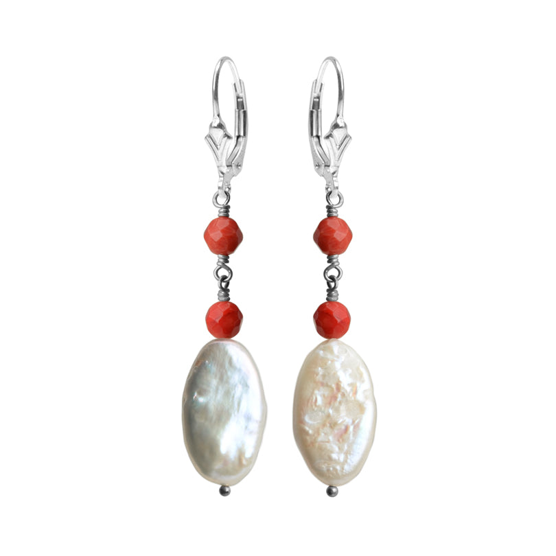 Graceful Fresh Water Pearl and Coral Sterling Silver Earrings