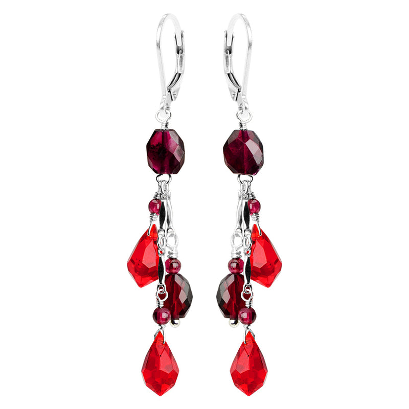 Gorgeous Red Garnet and Red Faceted Crystal Sterling Silver Statement Earrings
