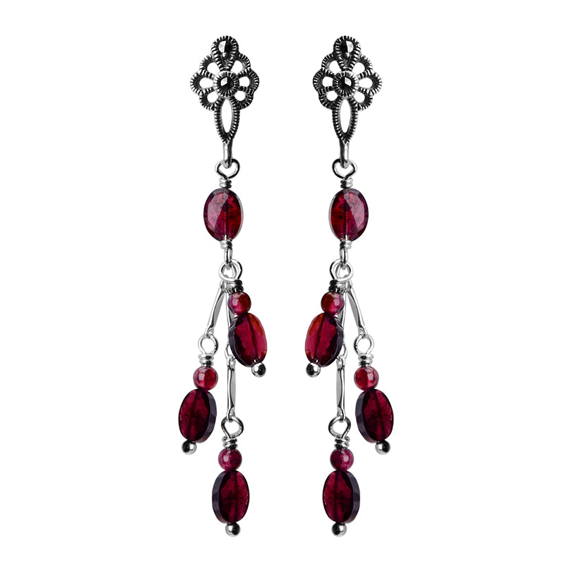 Royal Red Garnet and Marcasite Sterling Silver Earrings