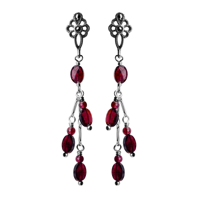 Royal Red Garnet and Marcasite Sterling Silver Statement Earrings