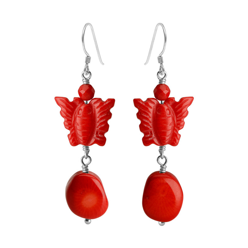 Lovely Red Coral Butterfly Sterling Silver Earrings