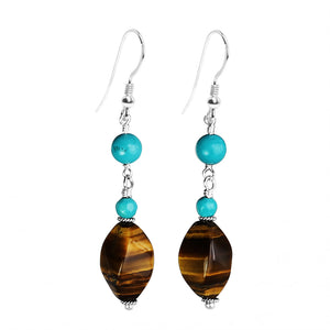 Enchanting Color Combination Tiger's Eye and Turquoise Sterling Silver Earrings