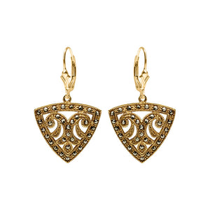 Beautiful Gold Plated Marcasite Triangular Gold Filled Lever-Back  Statement Earrings