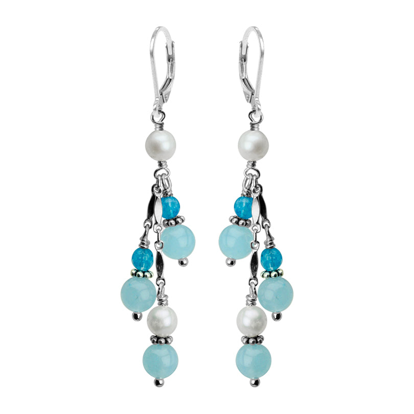 Lovely Blue Jade and Fresh Water Pearl Sterling Silver Earrings