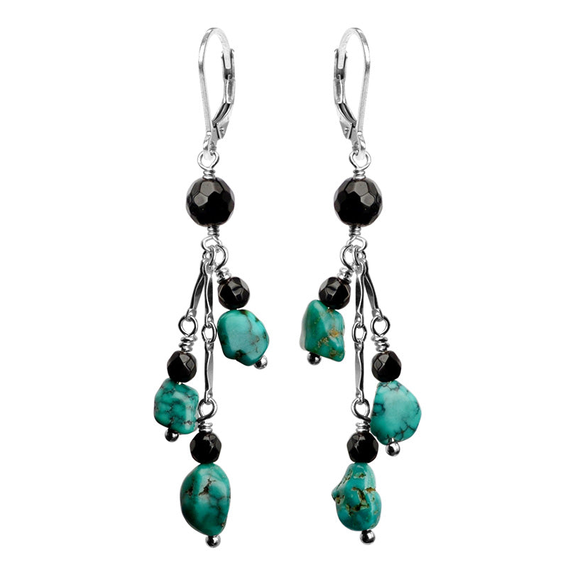 Natural Turquoise and Onyx Sterling Silver Earrings