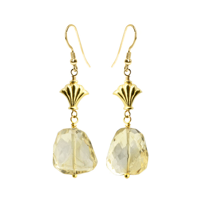 Sparkly Faceted Citrine Stone Earrings with Gold Plated Fan Accent.