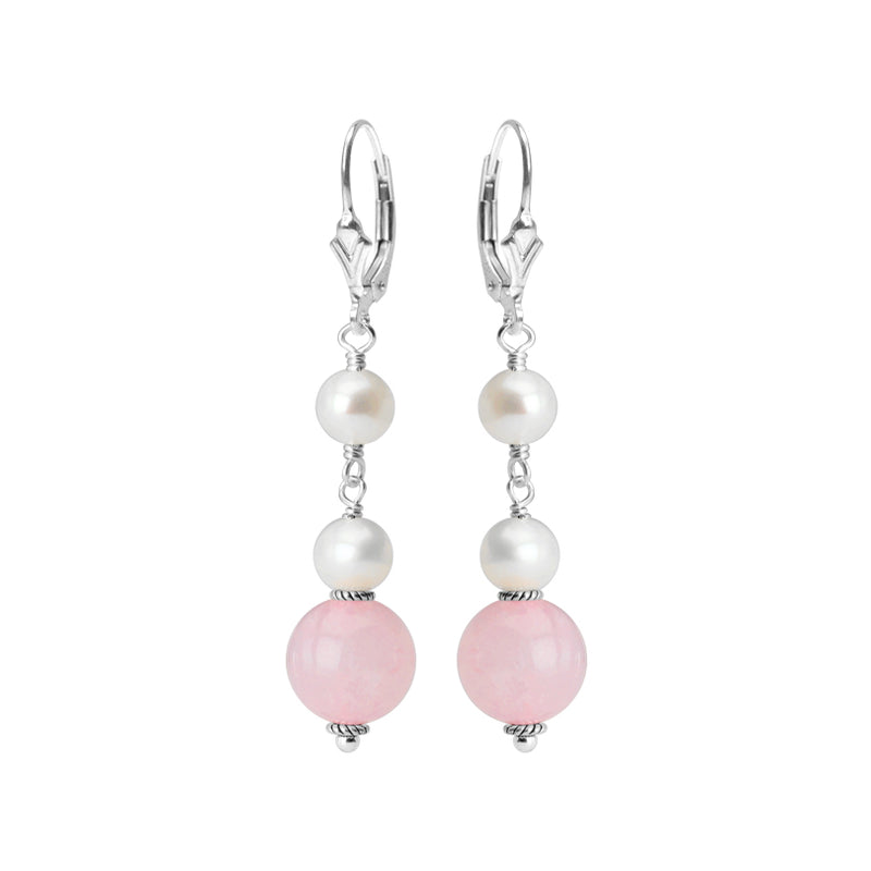 Delightful Faceted Rose Quartz and Fresh Water Pearl Sterling Silver Earrings