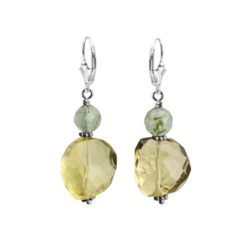 Sparkly Faceted Lemon Quartz and Green Prehnite Sterling Silver Earrings