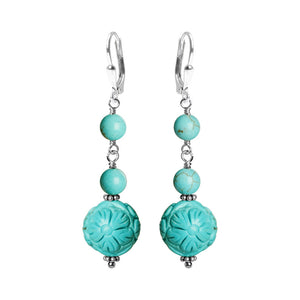 Beautiful Bright Carved Blue Chalk Turquoise Sterling Silver Earrings