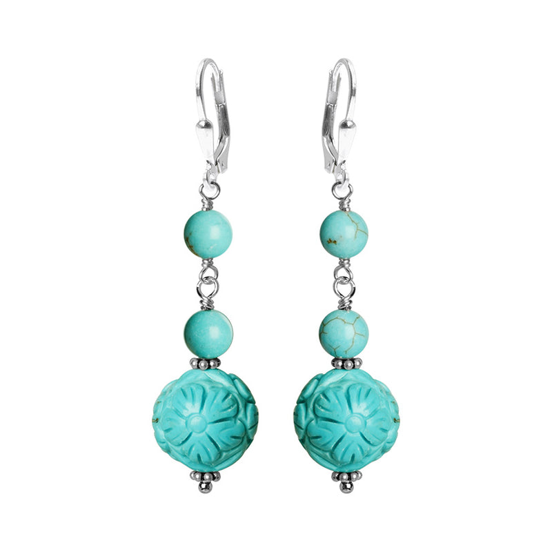 Beautiful Bright Carved Blue Chalk Turquoise Sterling Silver Earrings