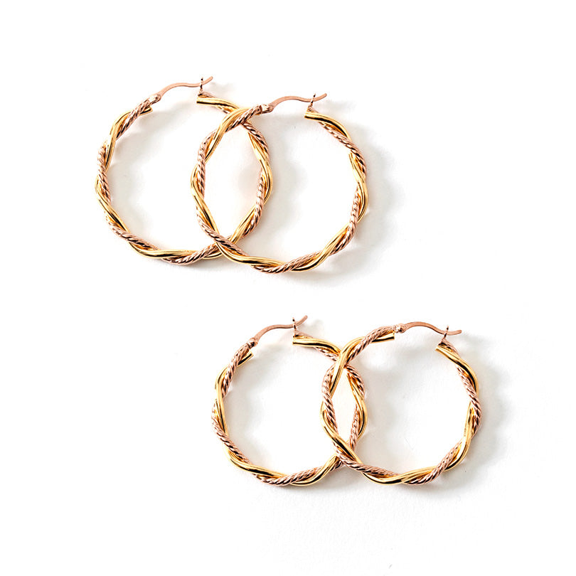 Two-Color18kt Gold Plated and Rose Gold Plated Sterling Silver Twist Hoops