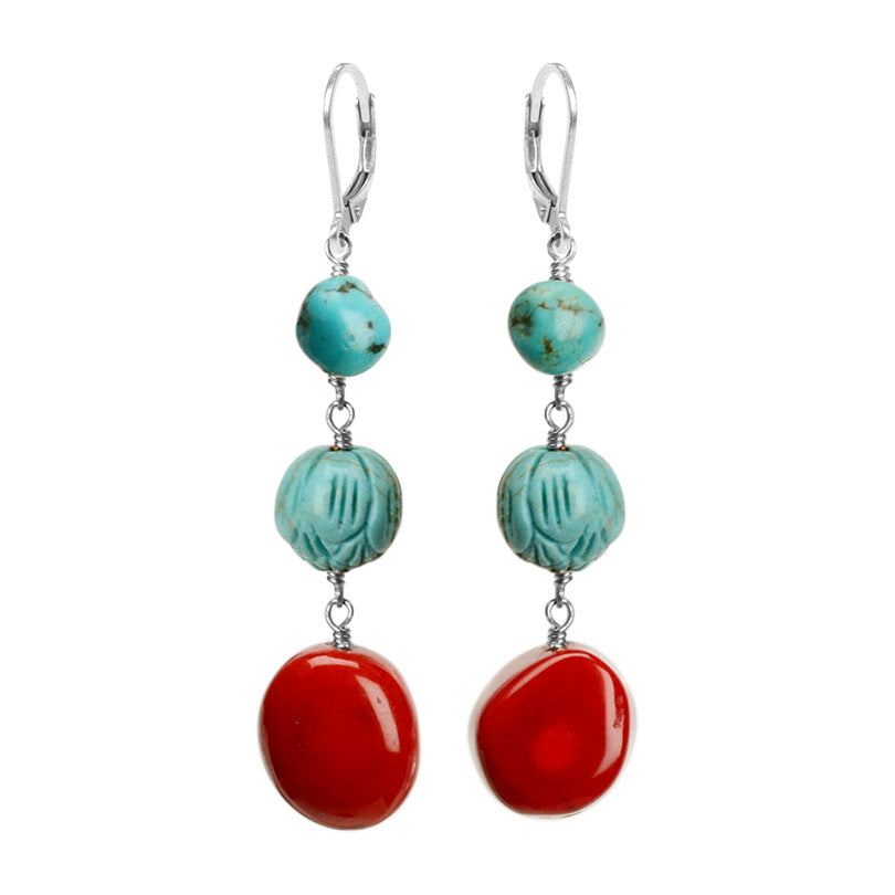 Delightful Coral Sterling Silver Earrings With Carved Chalk Turquoise and Natural Turquoise Accent