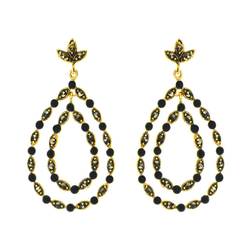 Stylish Black Onyx and Marcasite 14kt Gold Plated Teardrop Post Earrings