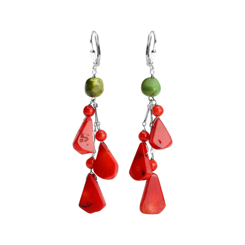 Vibrant Coral and Turquoise Sterling Silver Statement Earrings