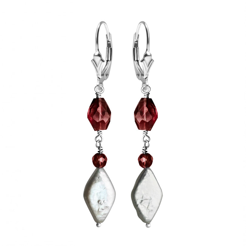 Rich Red Garnet and Radiant Fresh Water Pearl Sterling Silver Earrings