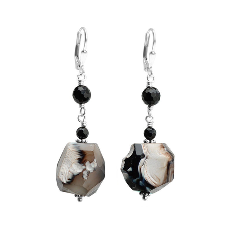 Gorgeous Earthy Agate and Black Onyx Sterling Silver Earrings