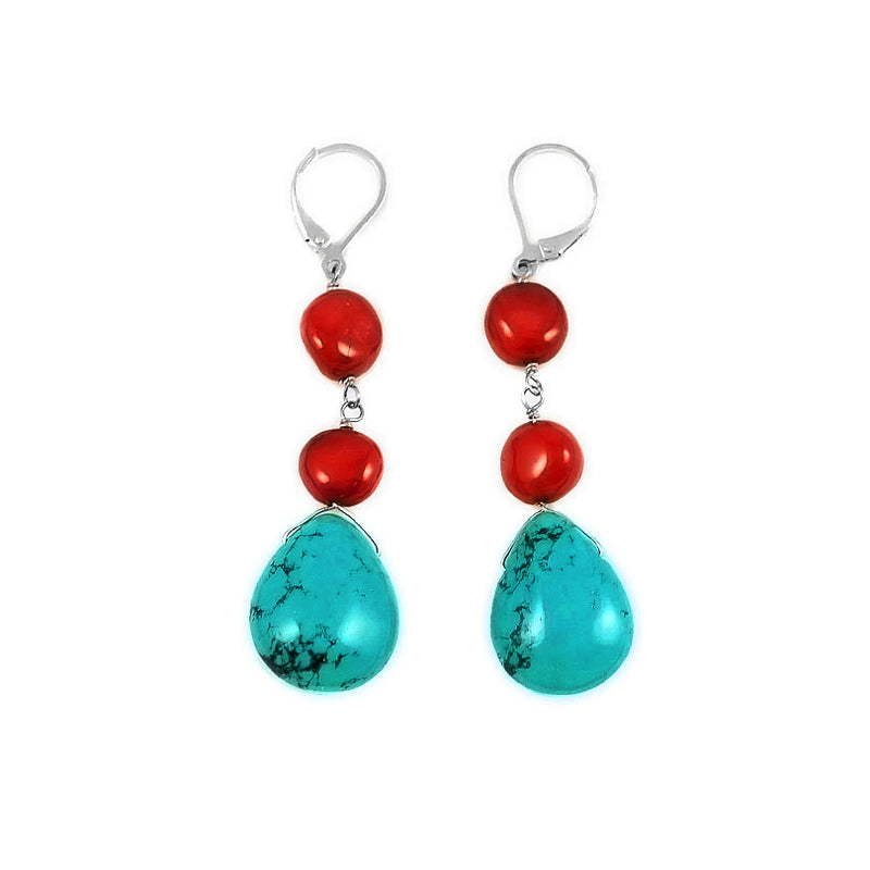 Vibrant Coral and Turquoise Sterling Silver Earrings