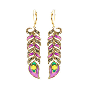 Gorgeous Gold Plated Marcasite Rich Purple Enamel Peacock Feather Statement Earrings