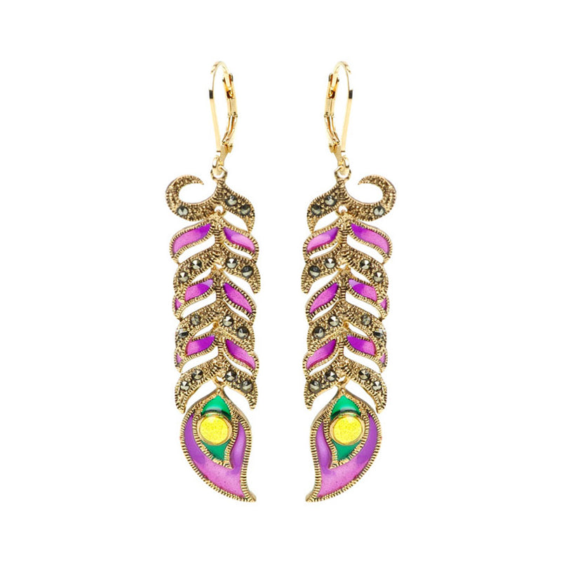 Gorgeous Gold Plated Marcasite Rich Purple Enamel Peacock Feather Statement Earrings