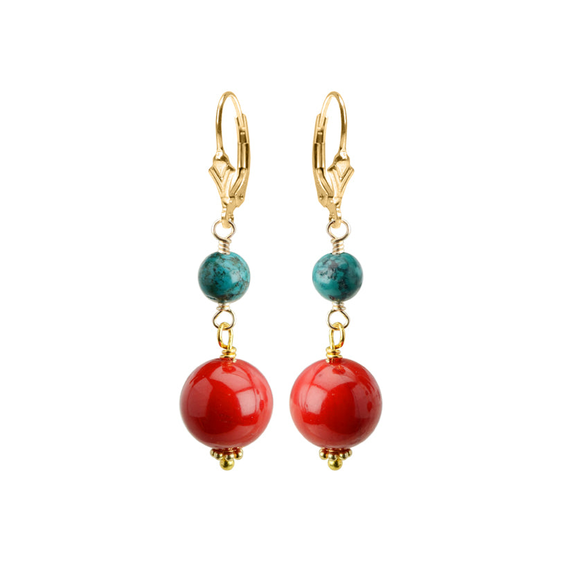 Coral and Turquoise Gold Filled Lever Back Earrings