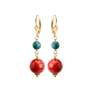 Coral and Turquoise Gold Filled Lever Back Earrings