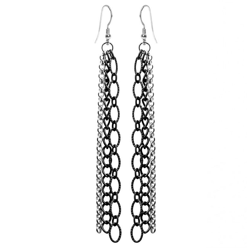 Delightful Dangling Silver and Black Plated Chain Earrings