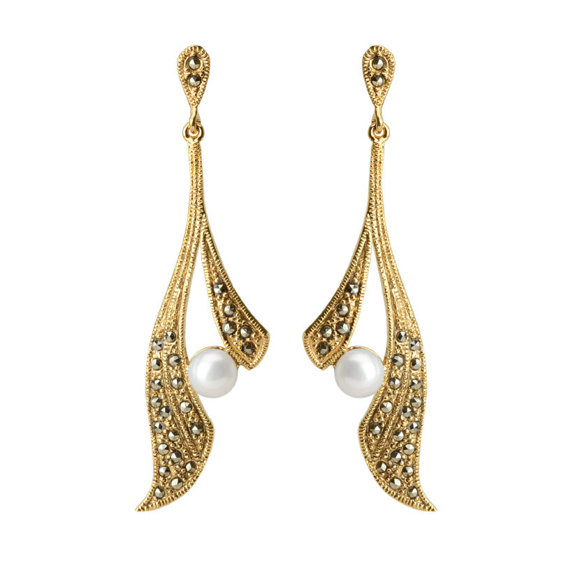 Gorgeous Golden Marcasite with Pearls Statement Earrings