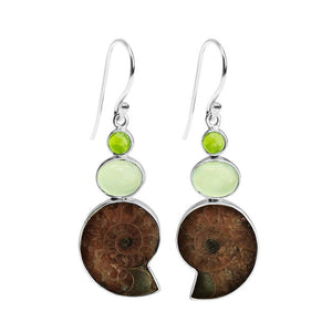Natural Ammonite, Idocrase and Prehnite Stones Sterling Silver Statement Earrings