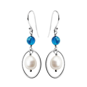 Lustrous White Fresh Water Pearl and Brilliant Blue Agate Sterling Silver Earrings