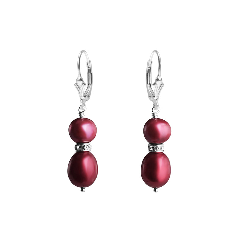 Shimmering, Velvety Red Fresh Water Pearl and Crystal Sterling Silver Earrings