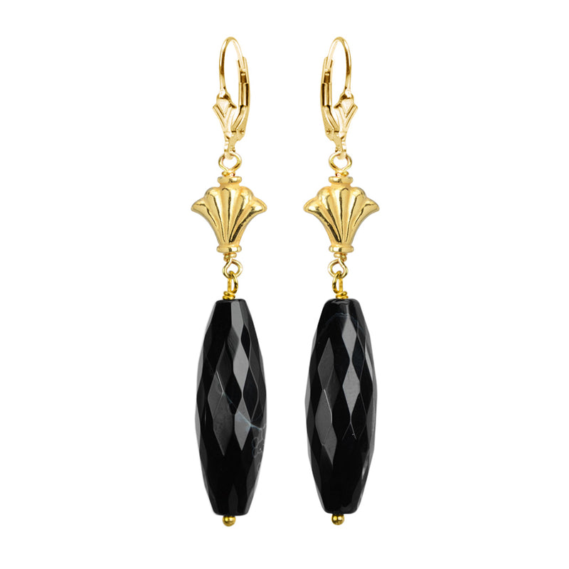 Elegant Faceted Black Onyx Gold Filled Statement Earrings