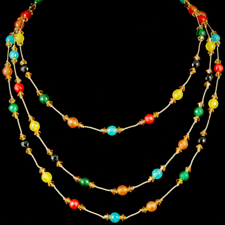 Semi Precious Mixed Stones with Crystal Accents Knotted Statement Necklace 50"