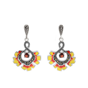 Spring Sunflower with Garnet & Marcasite Sterling Silver Flower Earrings