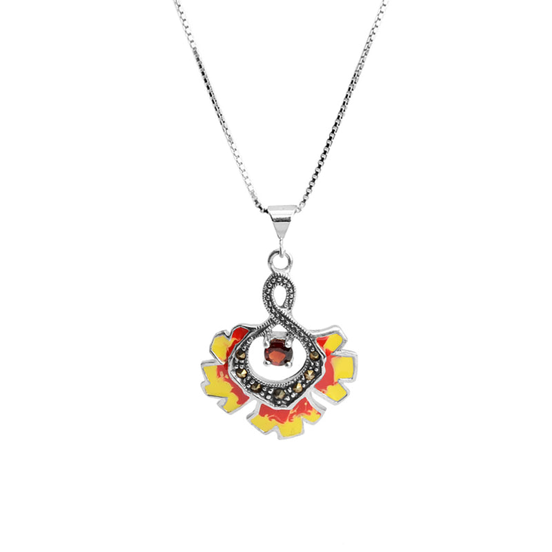Spring Sunflower with Garnet and  Marcasite  Sterling Silver Necklace