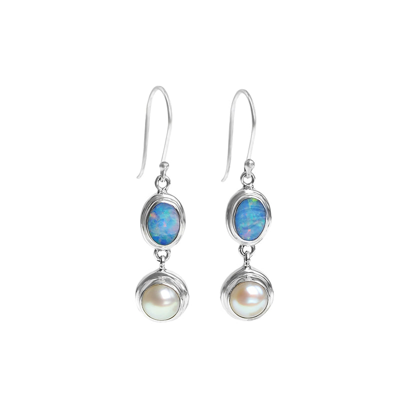 Elegant Australian Blue Opal and Fresh Water Pearl Sterling Silver Earrings