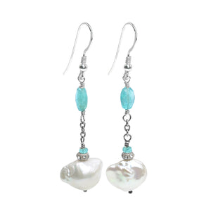 Ocean Blue Apatite Stones With Natural Pearl Sterling Silver Earrings
