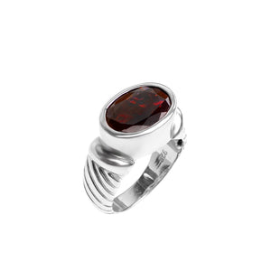Gorgeous Deep Red Garnet In Ribbed Design Sterling Silver Ring