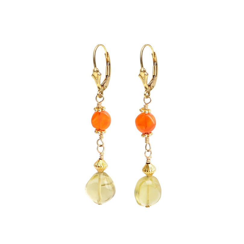 Darling Lemon Quartz and Bright Carnelian Gold Filled Lever-Back Earrings