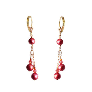 Rich Cranberry Fresh Water Pearls with Crystals Gold Filled Earrings