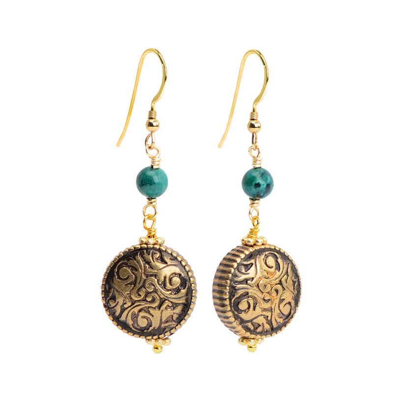 Elegant Vintage Design Turquoise and Brass Earrings on Gold Fill Hooks