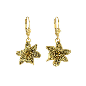 Gold Platted Sterling Silver Marcasite Flower on Gold Filled Lever-Back Hooks Earrings