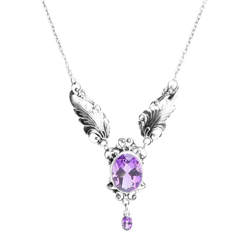 Sparkling Amethyst Balinese Sterling Silver Feather Necklace