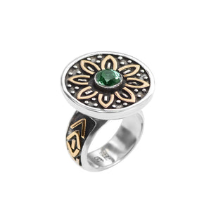 Exquisite deGruchy Green Quartz with Gold Accents Flower Sterling Silver Statement Ring.