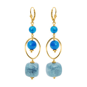 Vibrant Blue Aquamarine and Blue Agate Gold Filled Statement Earrings