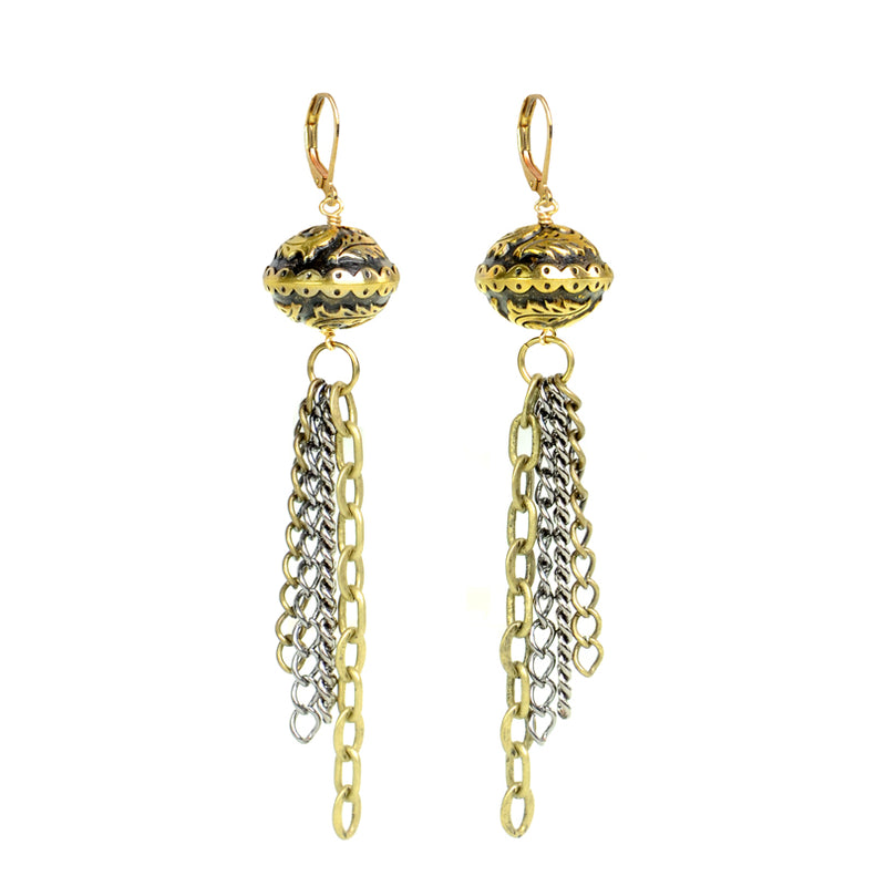 Unique Vintage Inspired Design Brass Chain Earrings with Gold Filled Lever Back Hooks