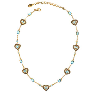 Brilliant Blue Topaz Hearts in 14kt Gold Plated Marcasite Necklace