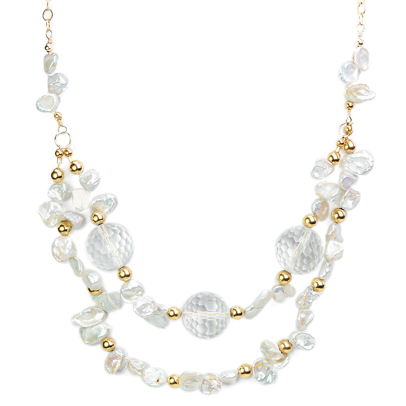 Sparkles of Gold Against Faceted Crystal with Fresh Water Pearl Neckline Necklace