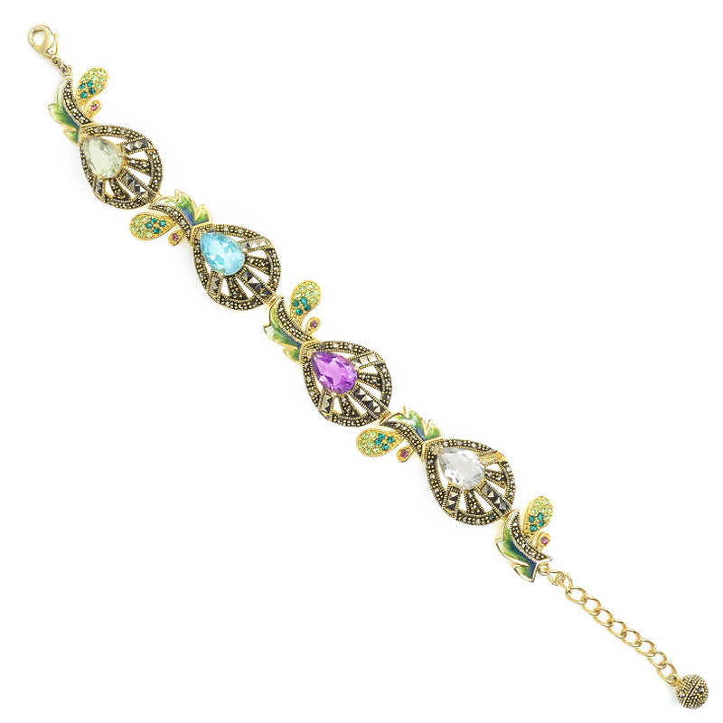 Gorgeous Bracelet of Mixed Gemstones Gold Plated Marcasite Statement Bracelet